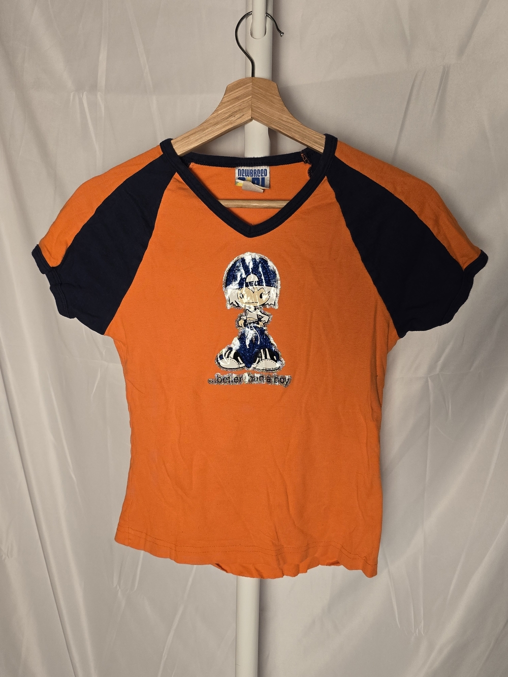 Breed Orange and Navy Raglan V-Neck Graphic Tee
